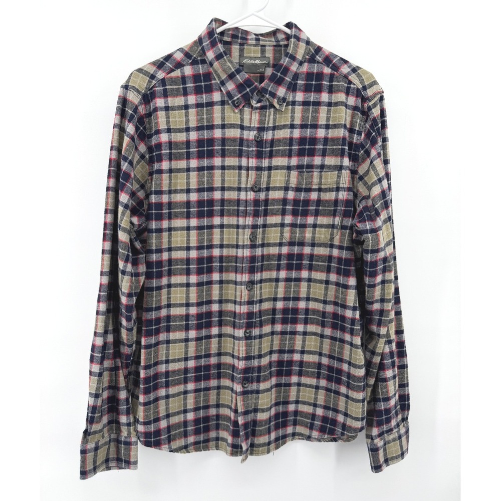 Eddie Bauer Flannel Plaid Shirt Blue Tan Cotton Gorpcore Outdoor Cabincore Men L